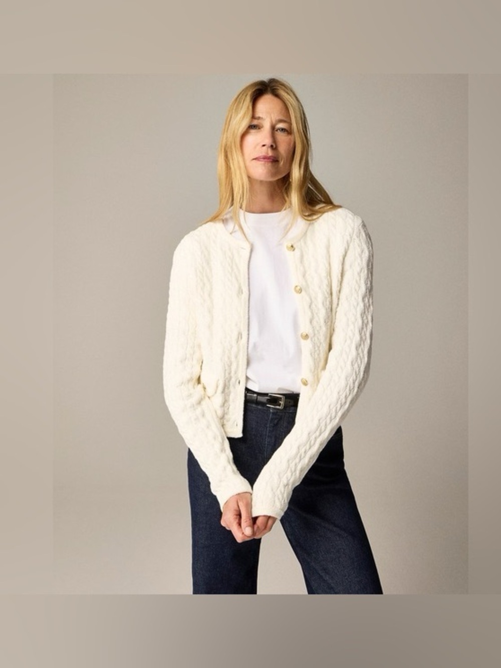 J.Crew Textured Knit White Cardigan | Preppy Gold Button Crest Detail Sweater L